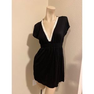 WOO Black Dress White Lace Trim V Neck Size 1